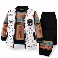 Boys’ 2 Piece Graphic Outfit Set with Tan SMILE Sweater and Patterned Zip Up Vest photo 3