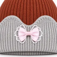 Kids’ Rust Brown and Light Grey Double Pom Pom Bow Hat photo 5