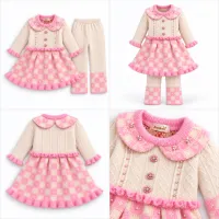 Girls’ Pink and Cream Knitted 2 Piece Winter Outfit with Pearl Details photo 6