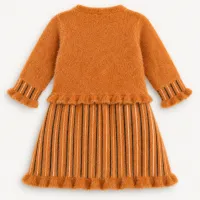 Girls’ Caramel Brown Knitted 2 Piece Winter Outfit with Striped Dress and Pants photo 4