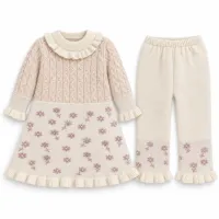 Girls’ 2-Piece Floral Knit Winter Set – Ruffle Dress & Matching Trousers photo 2