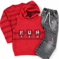 Kids’ Red FUN 3-Piece Winter Set – Hooded Vest, Sweater & Grey Jeans photo 5