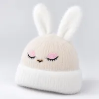 Soft Rabbit Wool Bunny Ear Beanie Cream and White photo 1