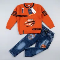 Boys’ 2 Piece Sporty Graphic Outfit Set with Basketball Sweater and Washed Denim Jeans photo 3