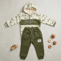Boys’ 2 Piece Graphic Hoodie and Pants Set with Fleece Lined Style Sweatshirt and Olive Green Pants photo 2