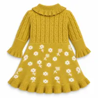 Girls Mustard Floral 2 Piece Knit Winter Set with Ruffle Dress and Matching Trousers photo 3