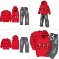 Kids’ Red FUN 3-Piece Winter Set – Hooded Vest, Sweater & Grey Jeans photo 6