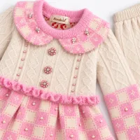 Girls’ Pink and Cream Knitted 2 Piece Winter Outfit with Pearl Details photo 5