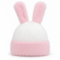 Soft Rabbit Wool Bunny Ear Beanie Baby Pink and White photo 3