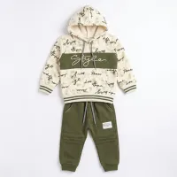 Boys’ 2 Piece Graphic Hoodie and Pants Set with Fleece Lined Style Sweatshirt and Olive Green Pants photo 6