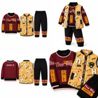Boys’ 3 Piece Graphic Outfit Set with Burgundy SMILE Top, Yellow Zip Up Vest and Black Jogger Pants photo 6