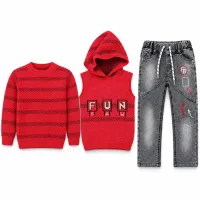 Kids’ Red FUN 3-Piece Winter Set – Hooded Vest, Sweater & Grey Jeans photo 2
