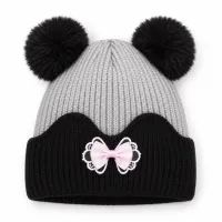 Kids’ Light Grey and Black Double Pom Pom Bow Hat photo 4