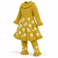 Girls Mustard Floral 2 Piece Knit Winter Set with Ruffle Dress and Matching Trousers photo 4