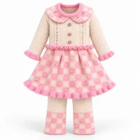 Girls’ Pink and Cream Knitted 2 Piece Winter Outfit with Pearl Details photo 4