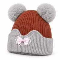 Kids’ Rust Brown and Light Grey Double Pom Pom Bow Hat photo 1