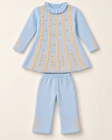 Girls’ Sky Blue and Beige Knitted 2 Piece Winter Outfit with Pearl and Cable Knit Detail photo 2