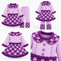 Girls’ Purple and Lilac Knitted 2 Piece Winter Outfit with Checkered Skirt and Pearl Details photo 3