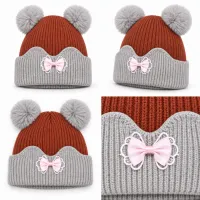 Kids’ Rust Brown and Light Grey Double Pom Pom Bow Hat photo 6