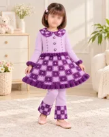 Girls’ Purple and Lilac Knitted 2 Piece Winter Outfit with Checkered Skirt and Pearl Details photo 1
