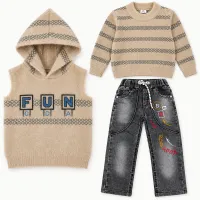 Boys’ 3 Piece Winter Outfit with Hooded Knit Vest, Sweater and Graphic Jeans photo 1