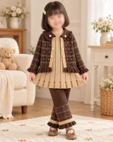 Girls’ Brown and Beige Knitted 3 Piece Winter Outfit with Plaid Jacket, Tunic and Pants photo 6