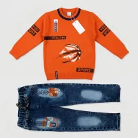 Boys’ 2 Piece Sporty Graphic Outfit Set with Basketball Sweater and Washed Denim Jeans photo 2