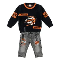 Boys’ 2 Piece Sporty Graphic Outfit Set with Basketball Sweater and Washed Denim Jeans photo 2