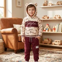 Boys’ 2 Piece Graphic Hoodie and Burgundy Pants Set with Fleece Lined Style Sweatshirt photo 1