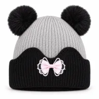 Kids’ Light Grey and Black Double Pom Pom Bow Hat photo 2