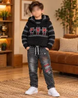 Boys’ 3 Piece Winter Outfit with Hooded Knit Vest, Sweater and Graphic Jeans photo 1