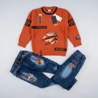 Boys’ 2 Piece Sporty Graphic Outfit Set with Basketball Sweater and Washed Denim Jeans photo 6