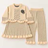 Girls’ Cream Knitted 2 Piece Winter Outfit with Black Stripes, Pearl Details and Pants photo 5