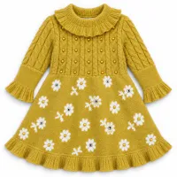 Girls Mustard Floral 2 Piece Knit Winter Set with Ruffle Dress and Matching Trousers photo 5