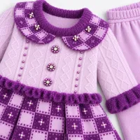 Girls’ Purple and Lilac Knitted 2 Piece Winter Outfit with Checkered Skirt and Pearl Details photo 4