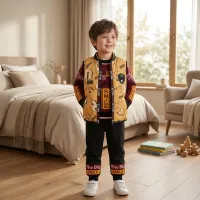 Boys’ 3 Piece Graphic Outfit Set with Burgundy SMILE Top, Yellow Zip Up Vest and Black Jogger Pants photo 1