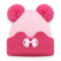 Kids’ Light Pink & Dark Pink Double Pom-Pom Bow Hat photo 3