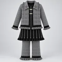 Girls’ Grey and Black Knitted 3 Piece Winter Outfit with Plaid Jacket, Tunic and Pants photo 3