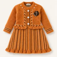 Girls’ Caramel Brown Knitted 2 Piece Winter Outfit with Striped Dress and Pants photo 3