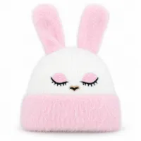 Soft Rabbit Wool Bunny Ear Beanie Baby Pink and White photo 2