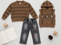 Boys’ 3 Piece Cozy Winter Outfit Set with Striped Sweater, FUN Hooded Vest and Graphic Jeans photo 5