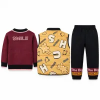 Boys’ 3 Piece Graphic Outfit Set with Burgundy SMILE Top, Yellow Zip Up Vest and Black Jogger Pants photo 3