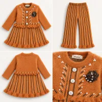 Girls’ Caramel Brown Knitted 2 Piece Winter Outfit with Striped Dress and Pants photo 2
