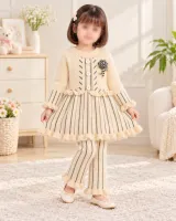 Girls’ Cream Knitted 2 Piece Winter Outfit with Black Stripes, Pearl Details and Pants photo 1